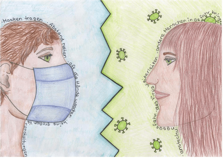 Zwei Mädchen: Eines trägt Maske, hält Abstand und ist frei von Coronaviren. Das andere trägt keine Maske, ist von Viren umschwirrt und gibt das Virus weiter.