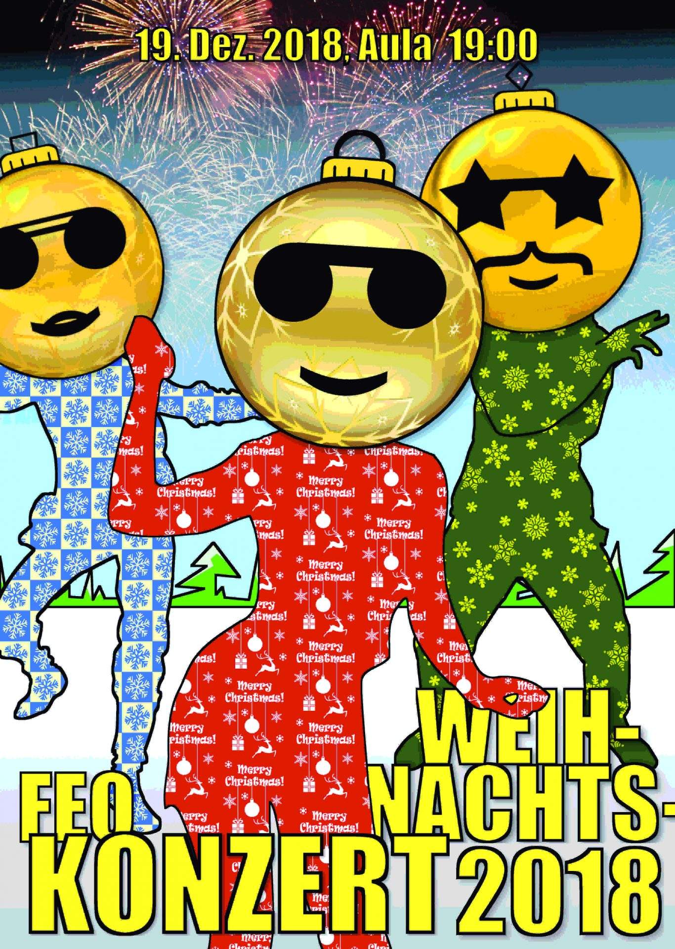 Auf dem Plakat zum FEO-Weihnachtskonzert 2018 tanzen drei weihnachtlich gekleidete Figuren, die Weihnachtskugeln mit Smiley-Gesicht als Kopf haben.