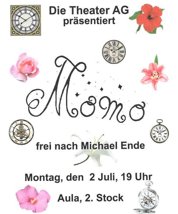 Das Plakat zu Momo zeigt verschiedene altmodische Uhren und bunte Blumen.