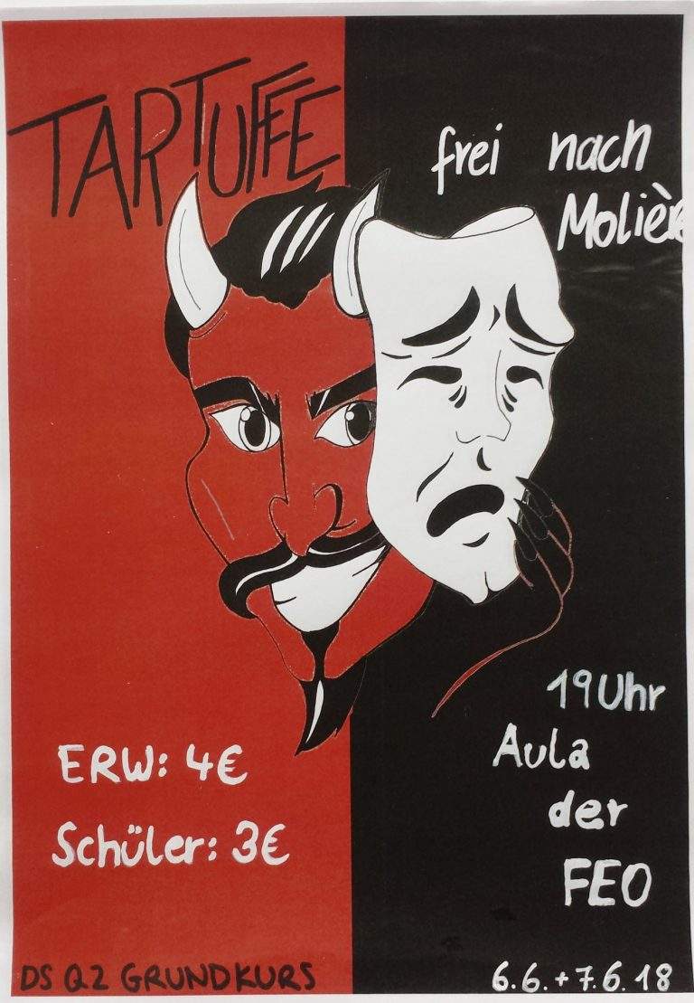 Auf dem Plakat für Tartuffe ist ein Teufelskopf, der sich hinter einer Maske versteckt.