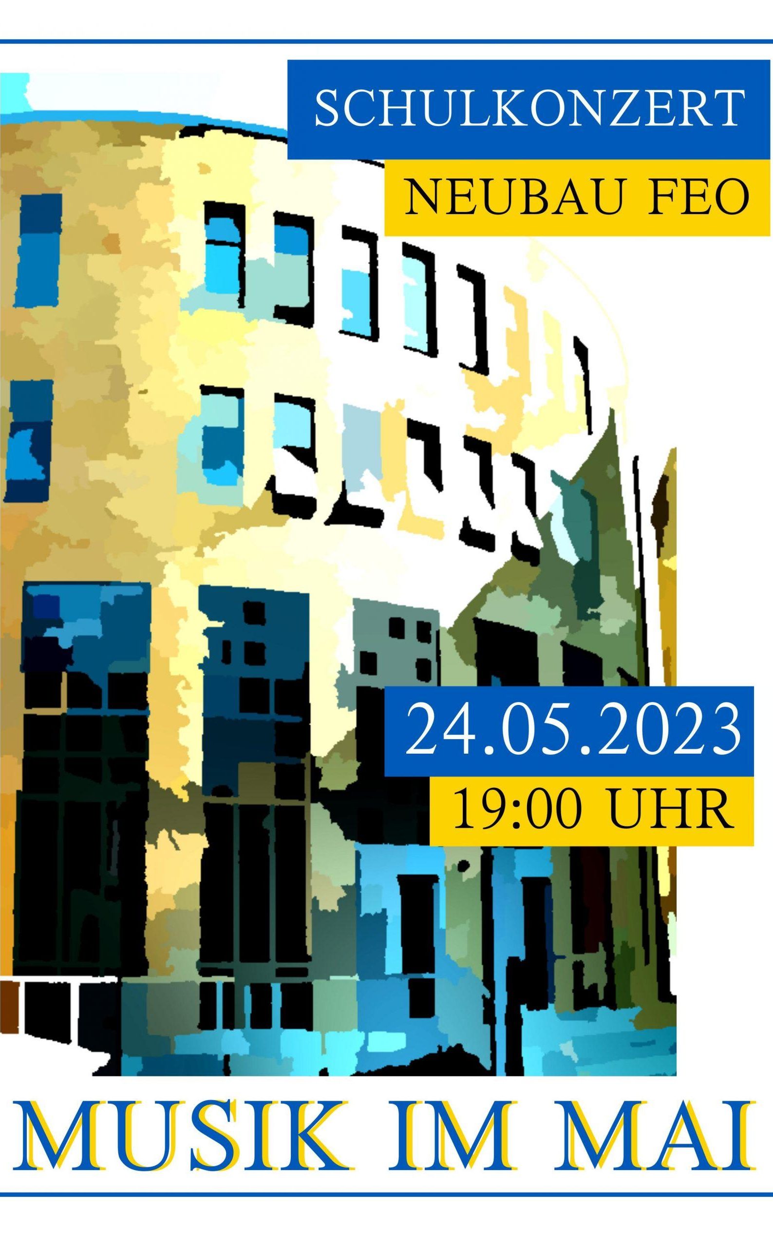Das blau-gelb gestaltete Plakat für Musik im Mai 2023 zeigt den Neubau - künstlerisch verfremdet durch Posterisierung.