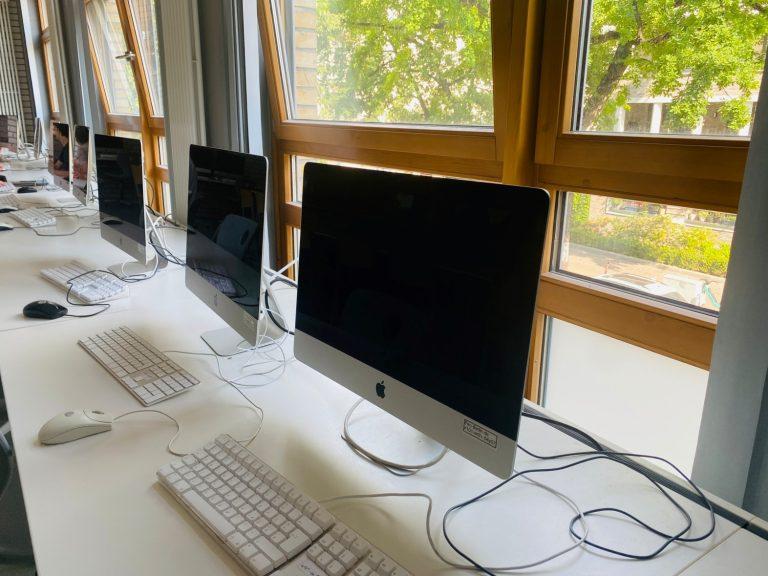 Vor großen, modernen Holzfenstern mit Blick ins Grüne befinden sich viele Computerarbeitsplätze an modernen Apple-Computern.