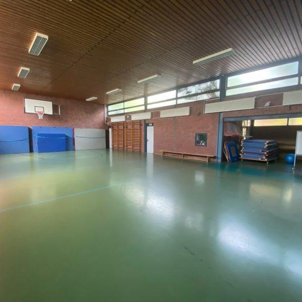 Turnhalle mit grünem Linoleum-Boden, Holzdecke und rot geklinkerten Wänden. Oben Tageslichtfenster. An der hinteren Wand Matten, Sprossenwände und Basketballkorb.